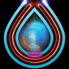 Animated glowing drop shape: neon blue, pink and white rings around a swirling blue center, on black.