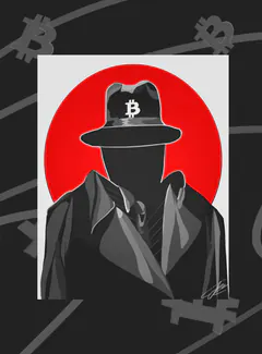Animated card: a faceless figure in a long coat and a hat with a bitcoin logo, before a red circle, on a dark background.