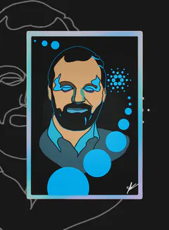 Animated portrait card of Charles Hoskinson, bearded, with glowing blue eyes, beside the Cardano logo and blue circles.