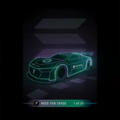 Animated card of a neon-outlined race car with a Frontier logo and the label NEED FOR SPEED 1 of 25, on black.