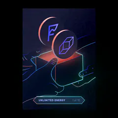 Animated card of a hand holding a glowing box below Frontier and cube logos, labeled UNLIMITED ENERGY 1 of 10.