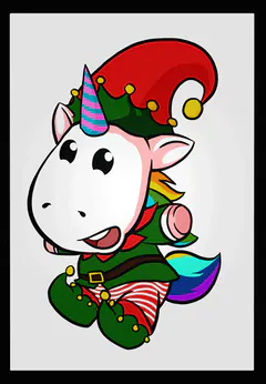 Animated framed drawing of a white cartoon unicorn in a red and green elf hat and costume, with a rainbow tail.