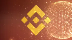 Gold Binance Coin logo beside a glowing network sphere on an orange-brown background.