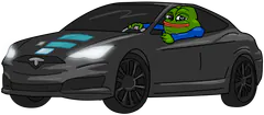 Cartoon of a green frog driving a dark gray Tesla car, on a green background.