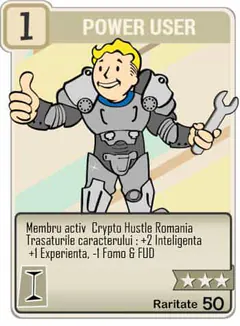Game-style card titled POWER USER: a cartoon figure in power armor holding a wrench, with Romanian text and Raritate 50.