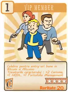 Game-style card titled VIP MEMBER: three cartoon figures, two holding pistols, with Romanian text and Raritate 20.