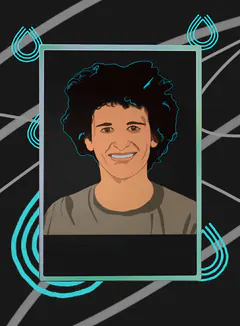 Animated portrait card of SBF, smiling, with curly dark hair and a gray T-shirt, framed by teal lines on black.