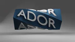 Animated 3D render of a twisting blue block printed with the word ADOR, on a gray background.