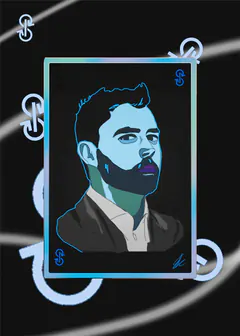Animated portrait card of a dark-haired bearded man in a jacket, with dollar-sign symbols around the frame, on black.