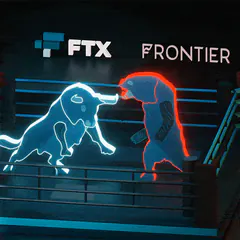 Animated neon blue bull and red bear facing off in a boxing ring under FTX and FRONTIER logos.