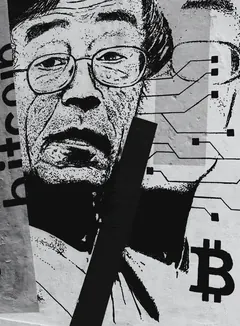 Animated close-up of a street mural of a man in glasses beside the word bitcoin, circuit lines and a bitcoin symbol.