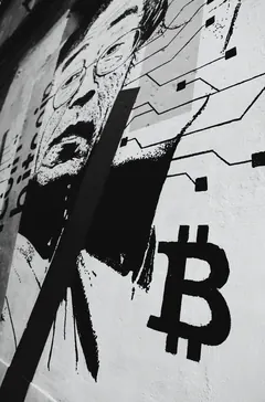 Animated angled view of a street mural showing part of a face, circuit lines and a large black bitcoin symbol.