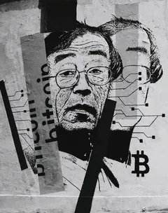 Animated photo of a street mural of a man in glasses with yellow and blue stripes, circuit lines and a bitcoin symbol.